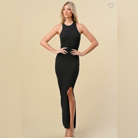 Black Ribbed Maxi Dress Ribbed Racerback Bodycon Dress Crew Neck Side Slit - Picture 3 of 8